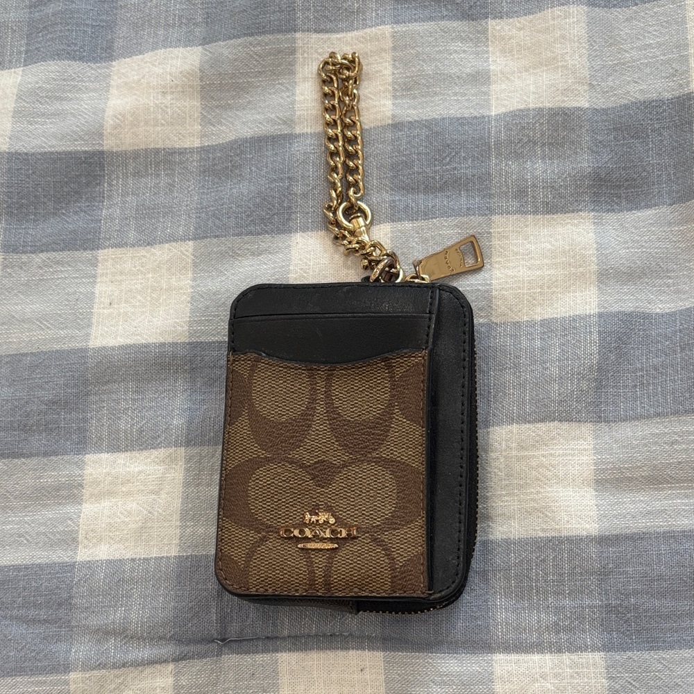 Coach Signature Brown and Black Card Holder with Gold Chain